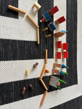 Vintage Wooden Toy Village. Colorful Building, Trees, Fences, Animals, People